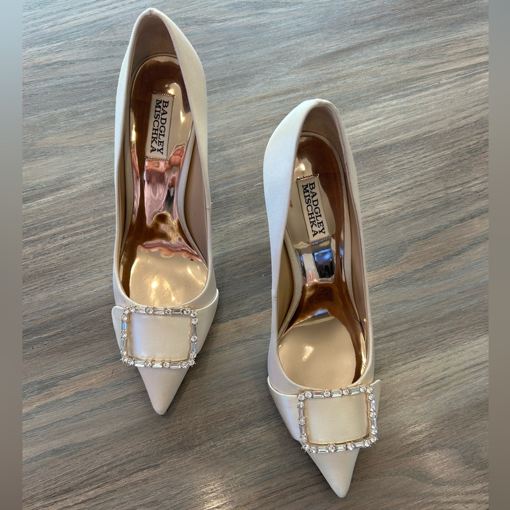 Badgley Mischka Devi Pointed Pump Cream Heels With Crystal Embellishment Size 10 - Picture 5 of 9